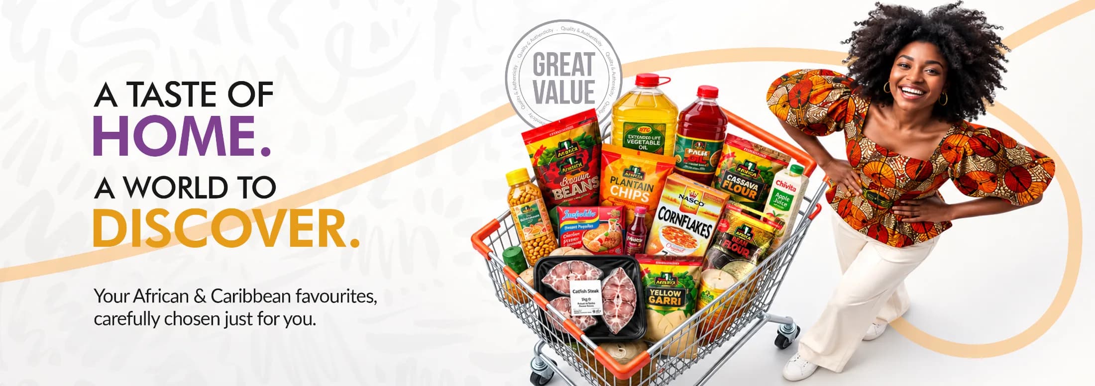 A taste of home. A world to discover. A shopper with a trolley of African and Caribbean favourites.