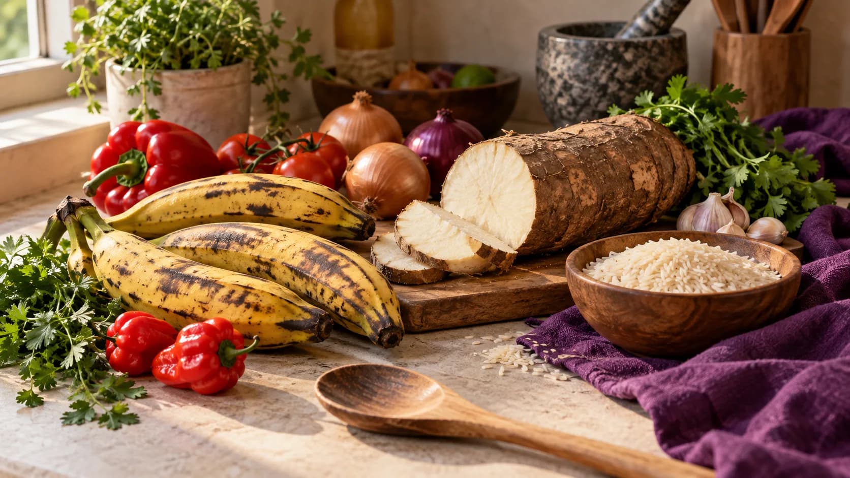 Plantains, yam, rice, peppers and herbs arranged on a kitchen counter